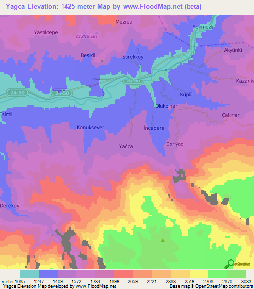 Yagca,Turkey Elevation Map