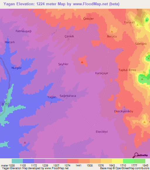 Yagan,Turkey Elevation Map