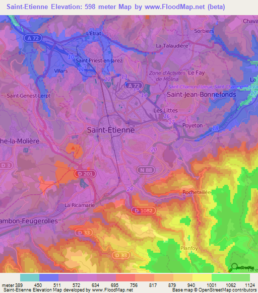 Saint-Etienne,France Elevation Map