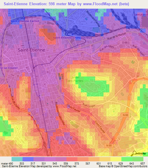 Saint-Etienne,France Elevation Map