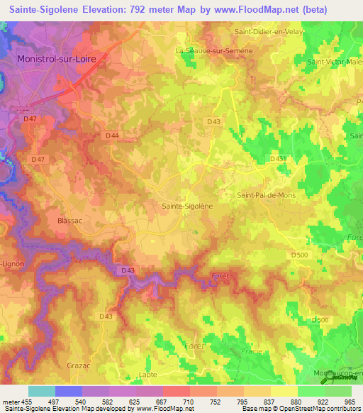 Sainte-Sigolene,France Elevation Map