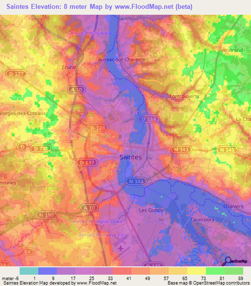 Saintes,France Elevation Map