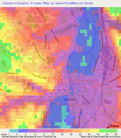 Saintes,France Elevation Map