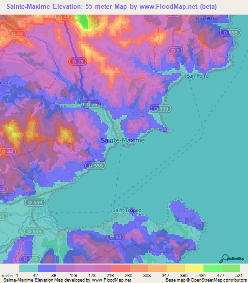 Sainte-Maxime,France Elevation Map