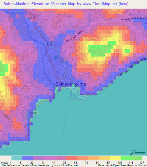 Sainte-Maxime,France Elevation Map