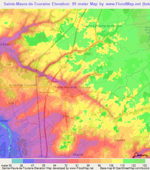 Sainte-Maure-de-Touraine,France Elevation Map
