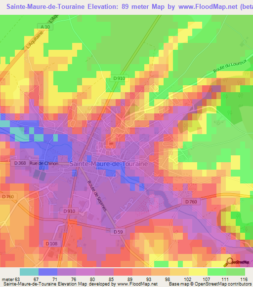 Sainte-Maure-de-Touraine,France Elevation Map