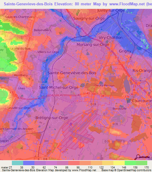 Sainte-Genevieve-des-Bois,France Elevation Map