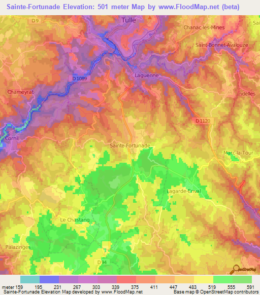 Sainte-Fortunade,France Elevation Map