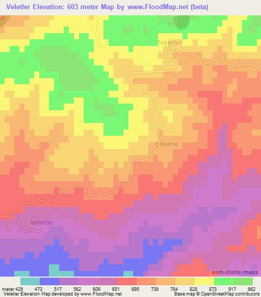 Veletler,Turkey Elevation Map