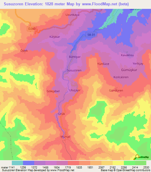 Susuzoren,Turkey Elevation Map