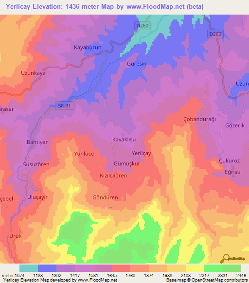 Yerlicay,Turkey Elevation Map