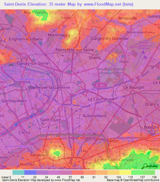 Saint-Denis,France Elevation Map