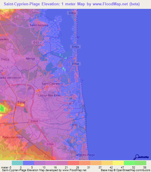 Saint-Cyprien-Plage,France Elevation Map