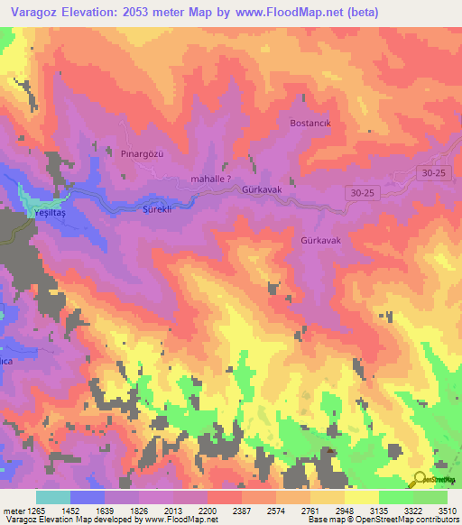 Varagoz,Turkey Elevation Map