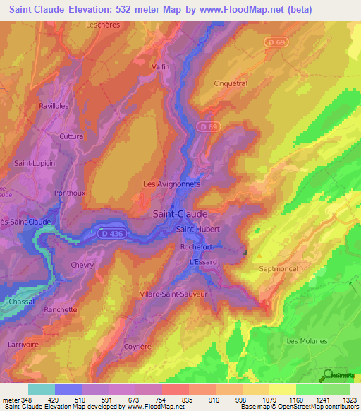 Saint-Claude,France Elevation Map