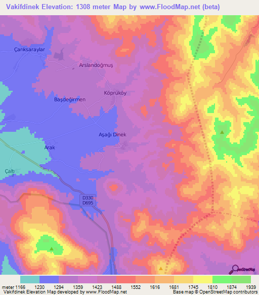 Vakifdinek,Turkey Elevation Map