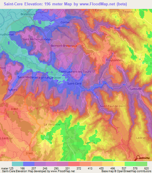 Saint-Cere,France Elevation Map