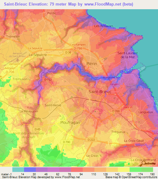 Saint-Brieuc,France Elevation Map