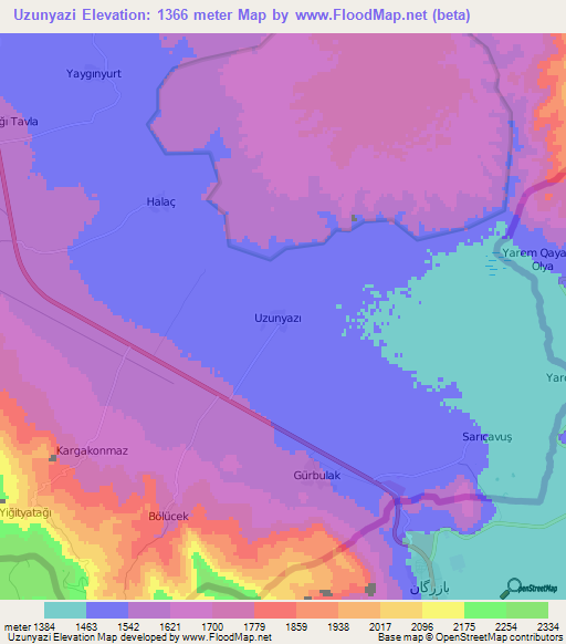 Uzunyazi,Turkey Elevation Map