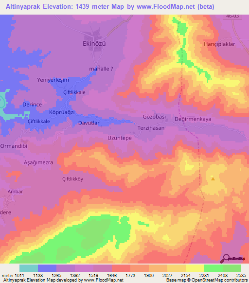 Altinyaprak,Turkey Elevation Map