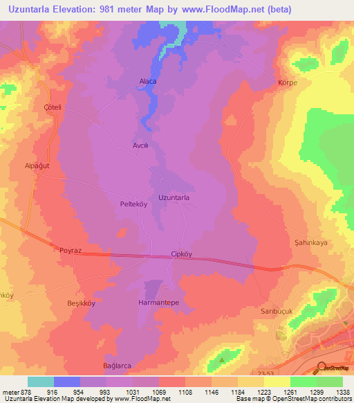 Uzuntarla,Turkey Elevation Map