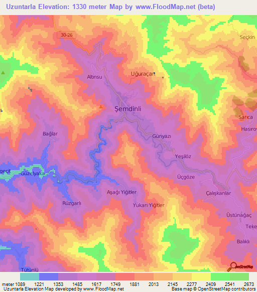 Uzuntarla,Turkey Elevation Map