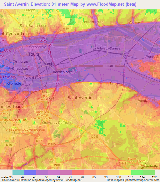 Saint-Avertin,France Elevation Map
