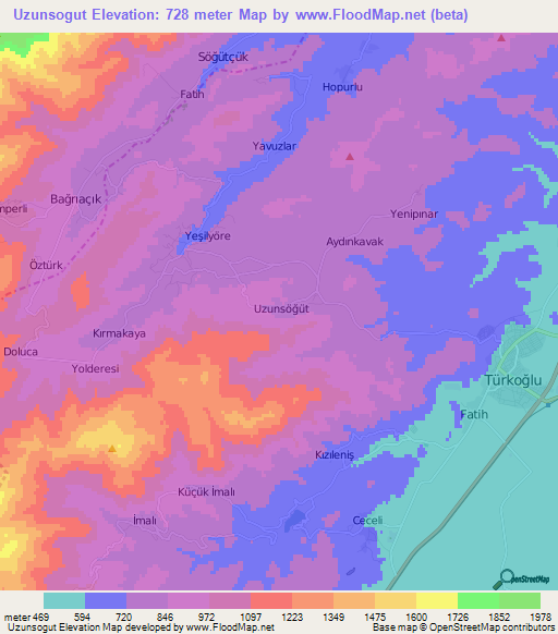 Uzunsogut,Turkey Elevation Map