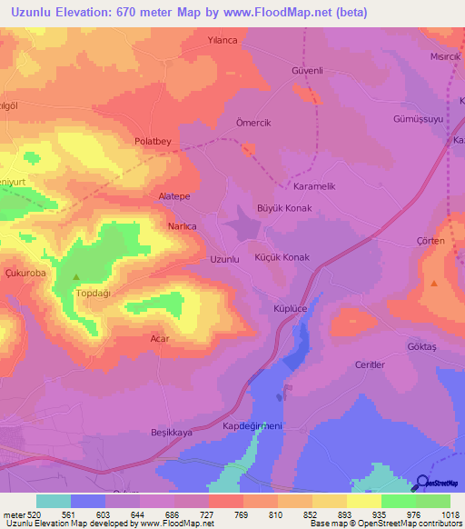 Uzunlu,Turkey Elevation Map