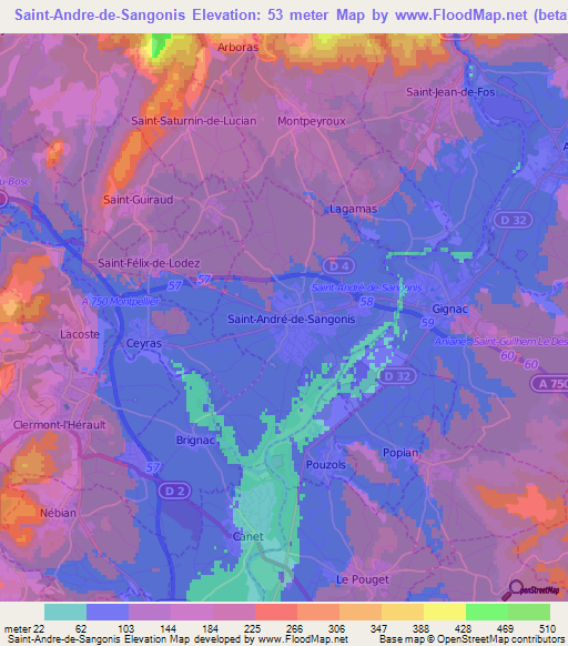 Saint-Andre-de-Sangonis,France Elevation Map