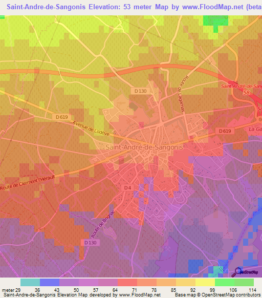 Saint-Andre-de-Sangonis,France Elevation Map