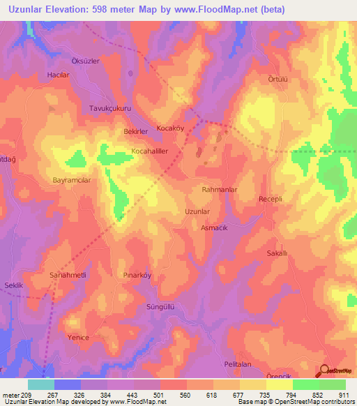 Uzunlar,Turkey Elevation Map