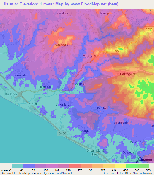 Uzunlar,Turkey Elevation Map