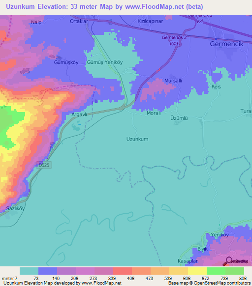 Uzunkum,Turkey Elevation Map