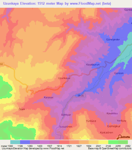 Uzunkaya,Turkey Elevation Map