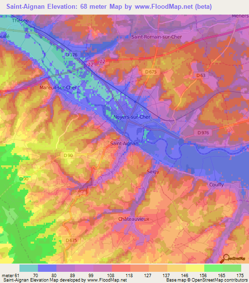 Saint-Aignan,France Elevation Map