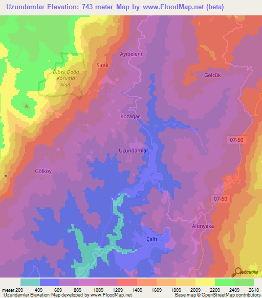 Uzundamlar,Turkey Elevation Map