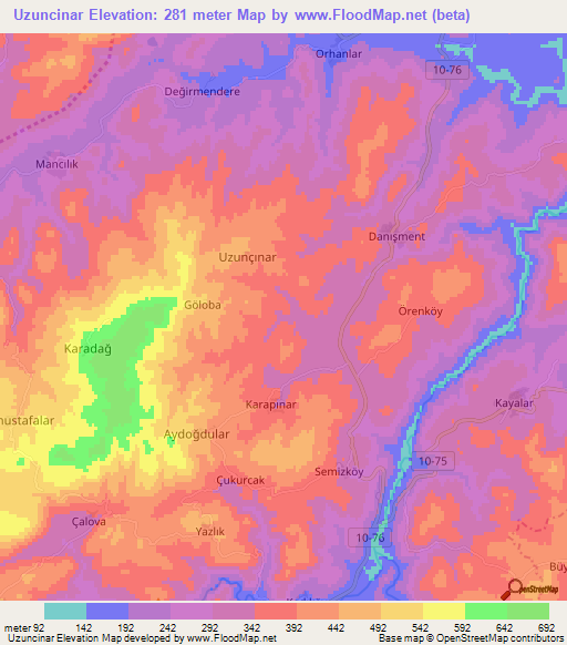 Uzuncinar,Turkey Elevation Map