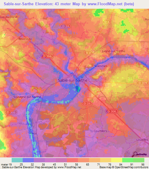 Sable-sur-Sarthe,France Elevation Map