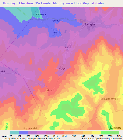 Uzuncayir,Turkey Elevation Map