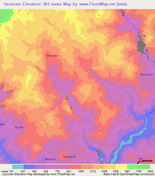 Uzuncam,Turkey Elevation Map