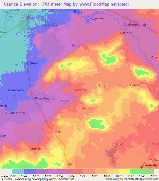 Uzunca,Turkey Elevation Map