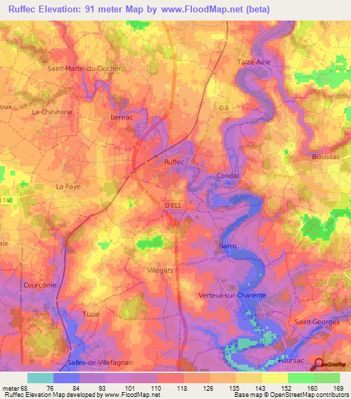 Ruffec,France Elevation Map