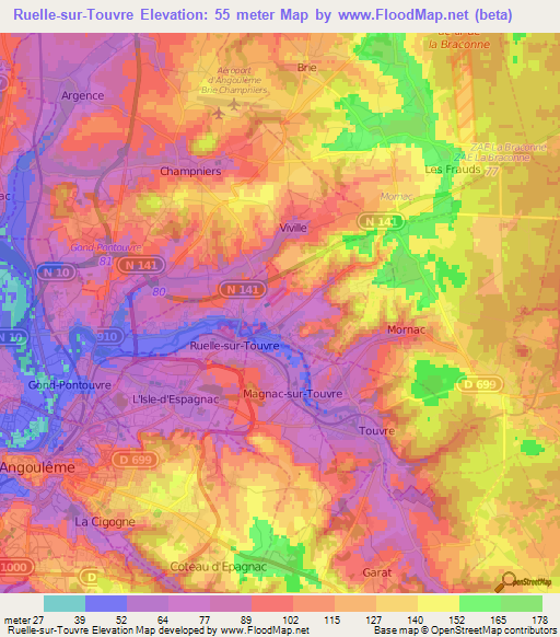 Ruelle-sur-Touvre,France Elevation Map