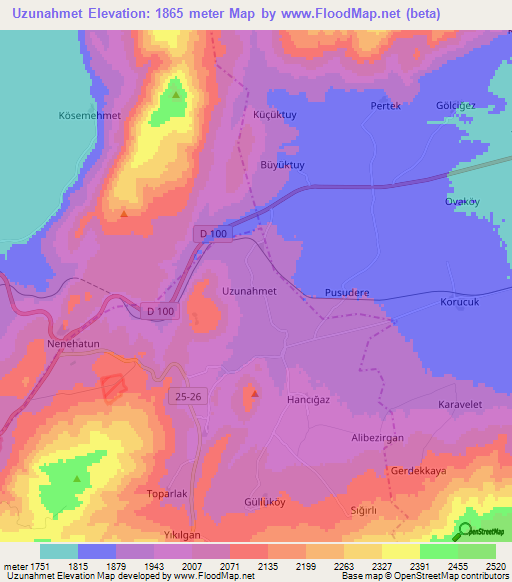 Uzunahmet,Turkey Elevation Map