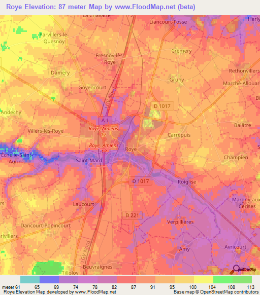 Roye,France Elevation Map