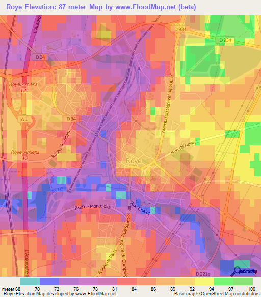 Roye,France Elevation Map