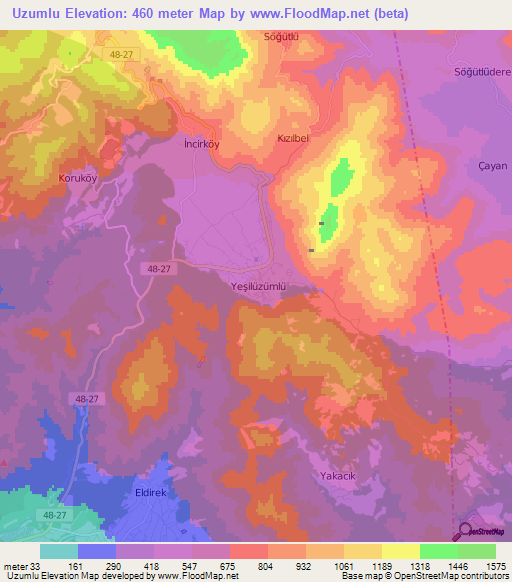 Uzumlu,Turkey Elevation Map