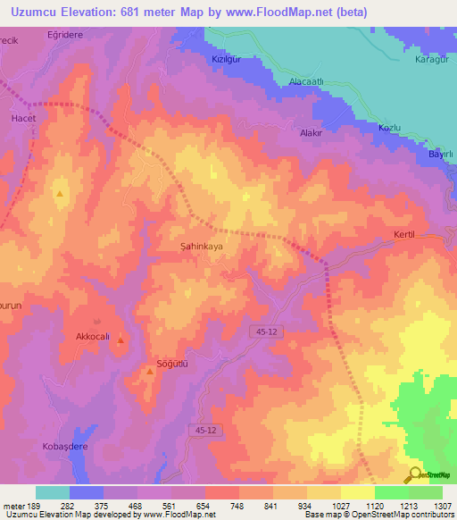 Uzumcu,Turkey Elevation Map